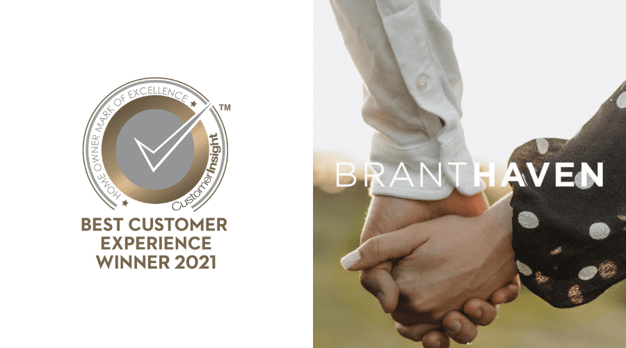 Text: Branthaven Best Customer Experience Winner 2021. Image: People holding hands.